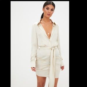 Pretty Little Thing satin champagne ruched dress